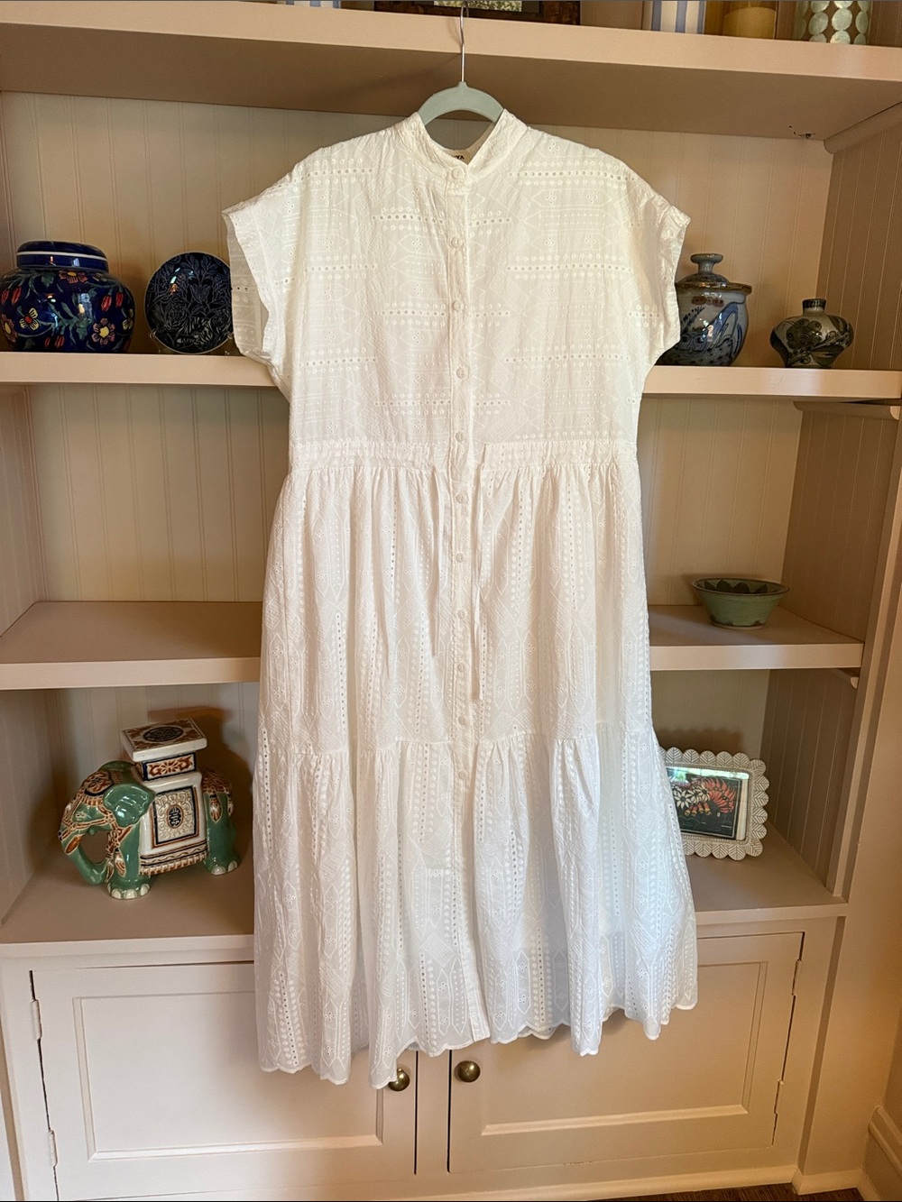 White Cotton Eyelet Button-Front Midi Dress